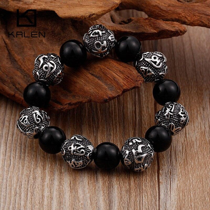 KALEN 12mm Black Glass Lucky Beads Men Bracelet Vintage Punk Stainless Steel Mystic Symbols Beads Elastic Stand Bracelet Jewelry.