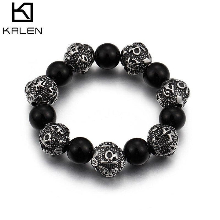 KALEN 12mm Black Glass Lucky Beads Men Bracelet Vintage Punk Stainless Steel Mystic Symbols Beads Elastic Stand Bracelet Jewelry.