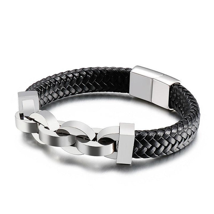 KALEN 12mm Cowhide Leather 12mm Stainless Steel Link Chain Bracelet for Men - kalen