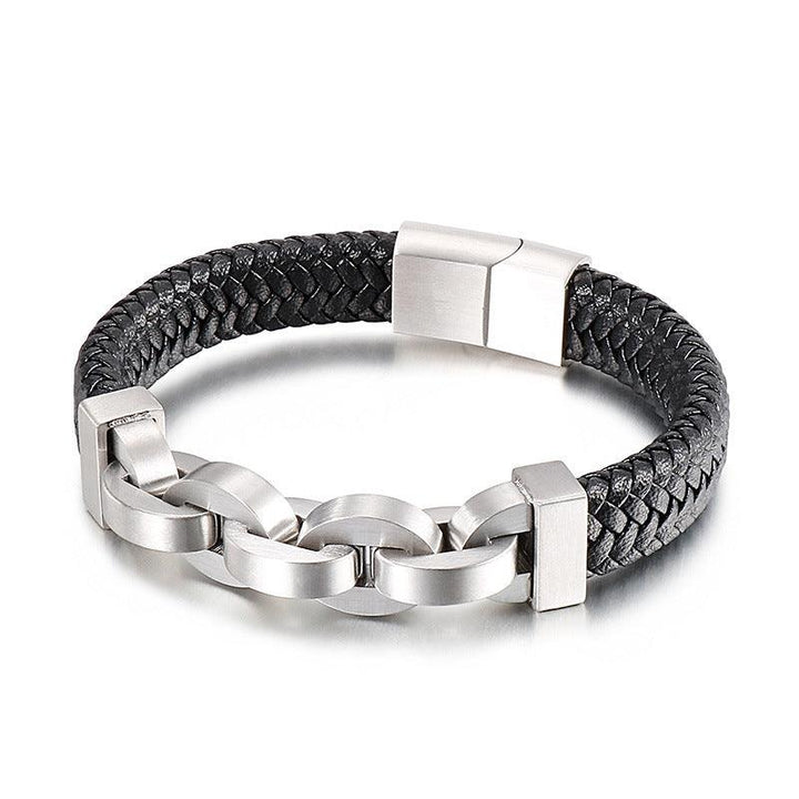 KALEN 12mm Cowhide Leather 12mm Stainless Steel Link Chain Bracelet for Men - kalen