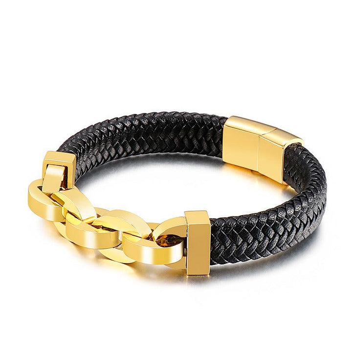 KALEN 12mm Cowhide Leather 12mm Stainless Steel Link Chain Bracelet for Men - kalen