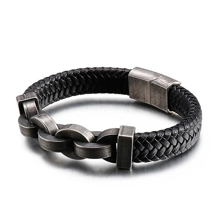 KALEN 12mm Cowhide Leather 12mm Stainless Steel Link Chain Bracelet for Men - kalen