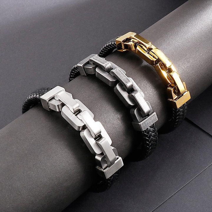 KALEN 12mm Cowhide Leather 13mm Stainless Steel Link Chain Bracelet for Men - kalen