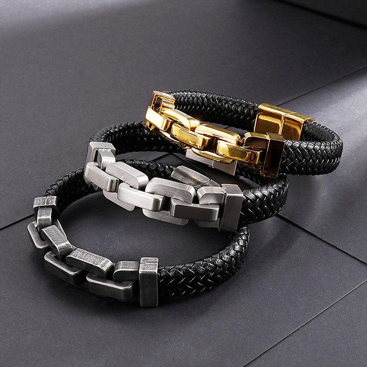 KALEN 12mm Cowhide Leather 13mm Stainless Steel Link Chain Bracelet for Men - kalen