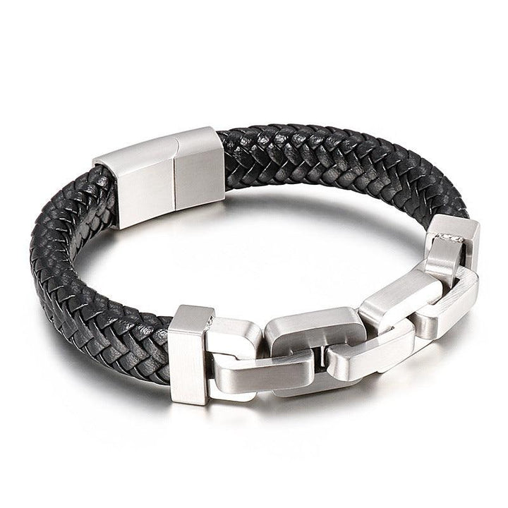 KALEN 12mm Cowhide Leather 13mm Stainless Steel Link Chain Bracelet for Men - kalen