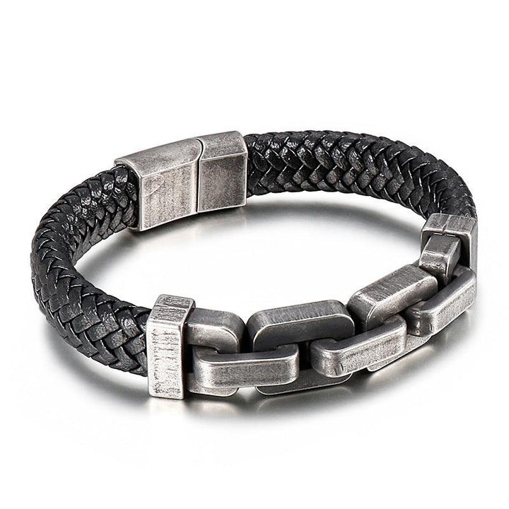 KALEN 12mm Cowhide Leather 13mm Stainless Steel Link Chain Bracelet for Men - kalen