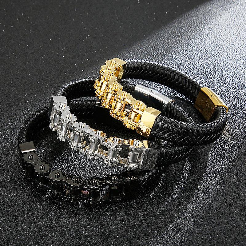 KALEN 12mm Cowhide Leather Stainless Steel 13mm Bicycle Chain Bracelet for Men - kalen