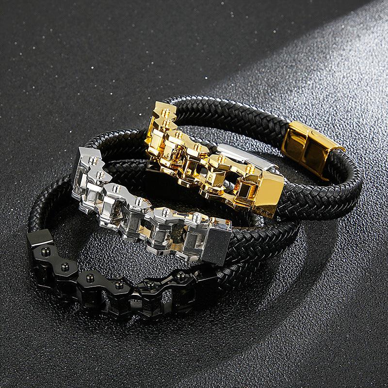 KALEN 12mm Cowhide Leather Stainless Steel 13mm Bicycle Charm Bracelet for Men - kalen