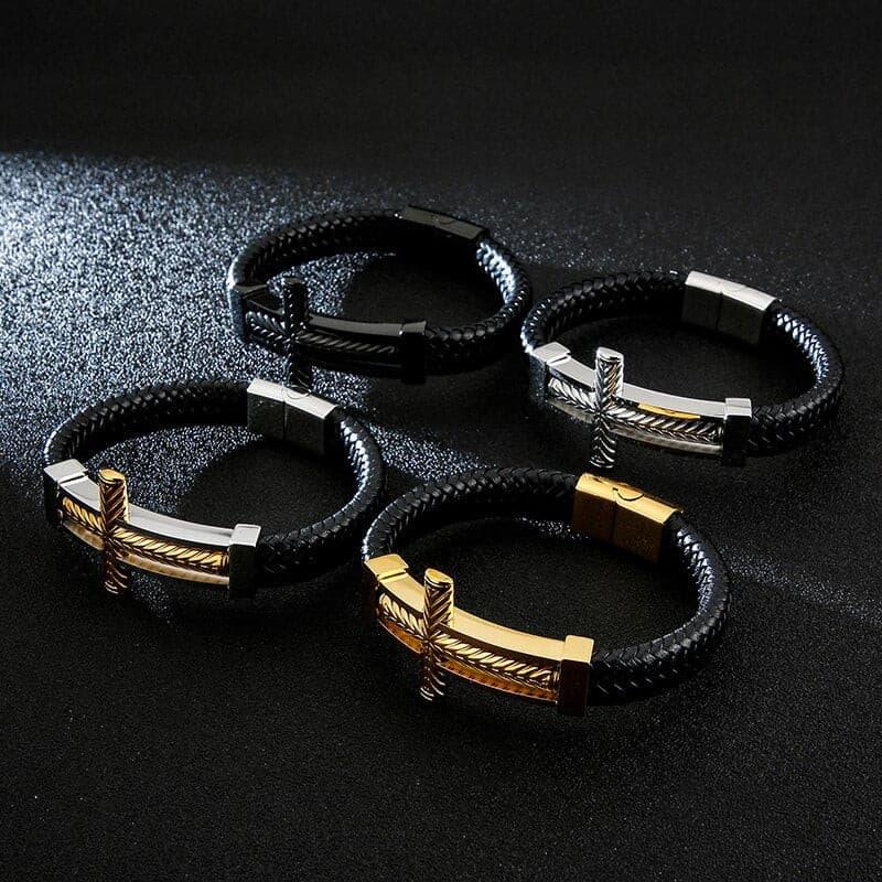 KALEN Stainless Steel Ethiopian Cross Charm Bracelet Men 21cm Vintage Cowhide Leather Armband Male Bangle Jewellry.
