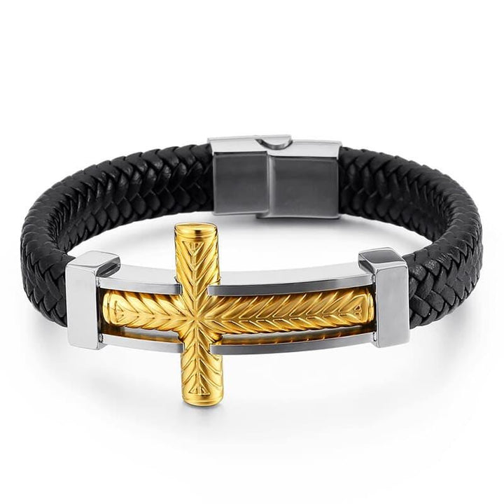 KALEN Stainless Steel Ethiopian Cross Charm Bracelet Men 21cm Vintage Cowhide Leather Armband Male Bangle Jewellry.