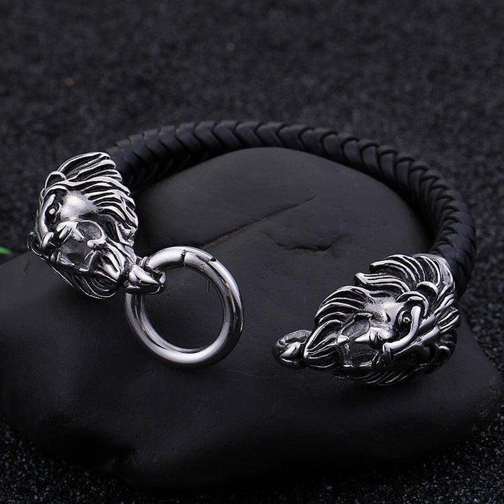 KALEN 12mm Cowhide Leather Stainless Steel Lion Animal Skull Charm Bracelet for Men - kalen