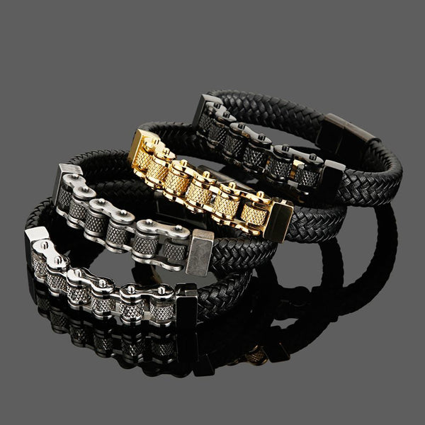 Kalen Bicycle Chain Bracelet Men's Woven Leather Wrapped Charm Fashion Bracelet 21.5cm Jewelry.