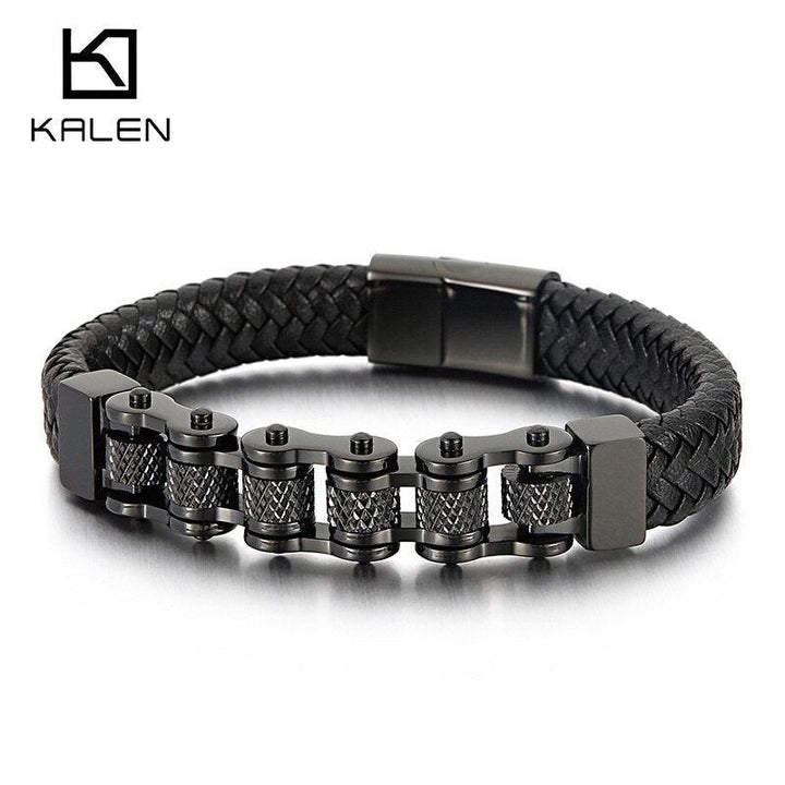 Kalen Bicycle Chain Bracelet Men's Woven Leather Wrapped Charm Fashion Bracelet 21.5cm Jewelry.