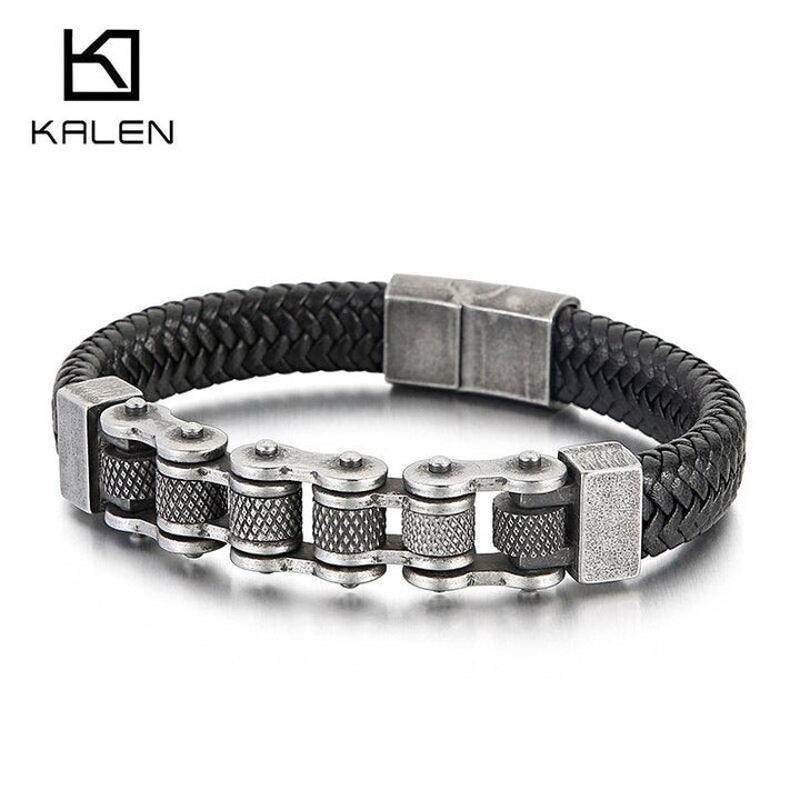 Kalen Bicycle Chain Bracelet Men's Woven Leather Wrapped Charm Fashion Bracelet 21.5cm Jewelry.