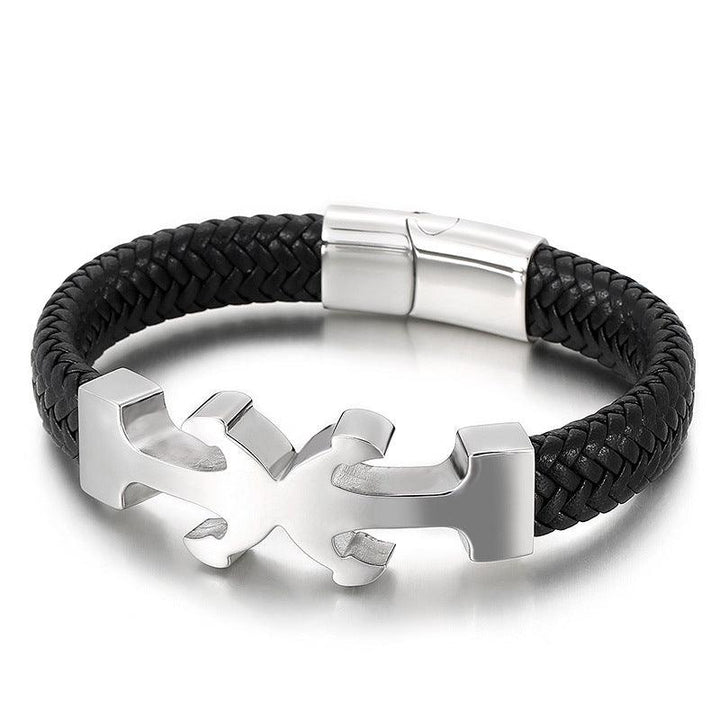 Kalen 12mm Leather Stainless Steel Anchor Charm Bracelet For Men - kalen