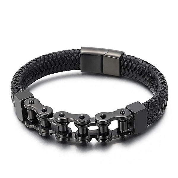 Kalen 12mm Leather Stainless Steel Bicycle Chain Bracelets for Men - kalen