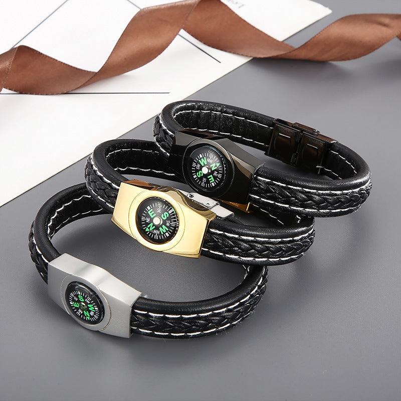 Kalen 12mm Leather Stainless Steel Compa Charm Bracelet For Men - kalen