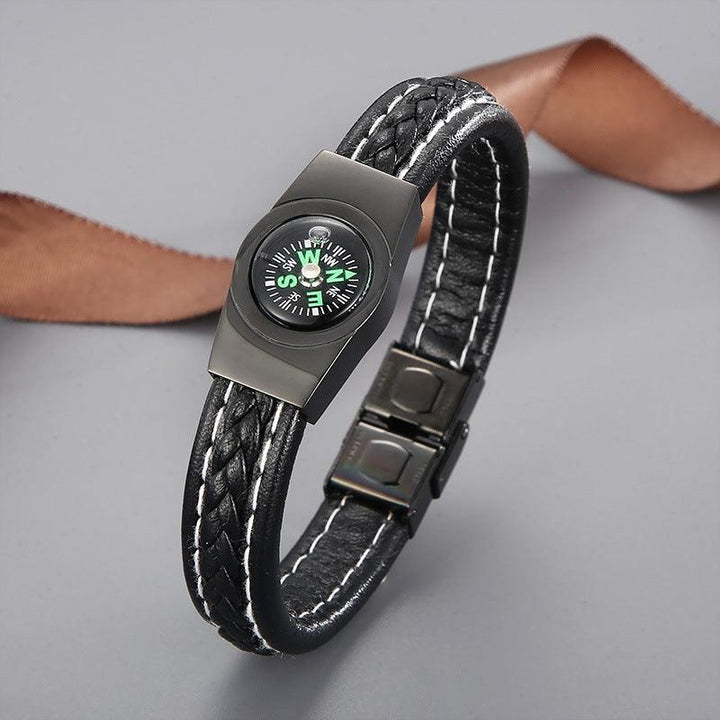 Kalen 12mm Leather Stainless Steel Compa Charm Bracelet For Men - kalen