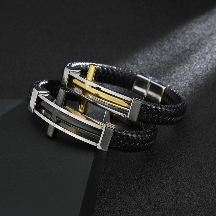 Kalen 12mm Leather Stainless Steel Cross Charm Bracelet For Men - kalen