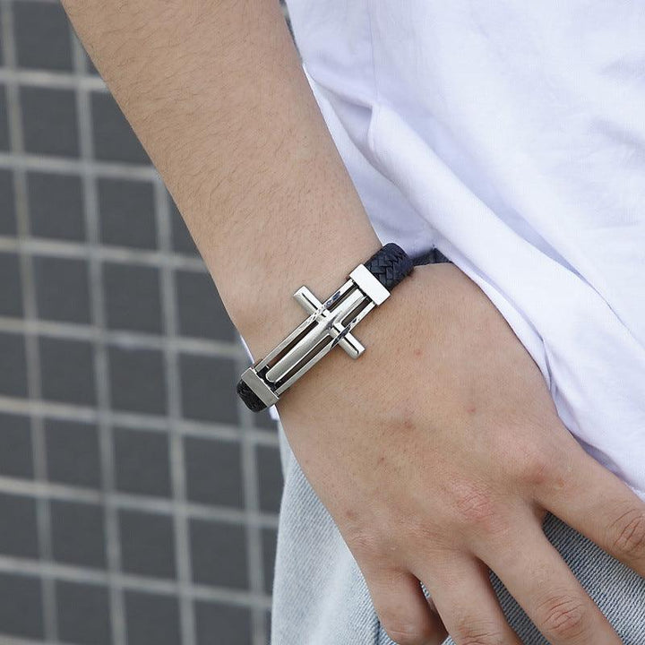 Kalen 12mm Leather Stainless Steel Cross Charm Bracelet For Men - kalen