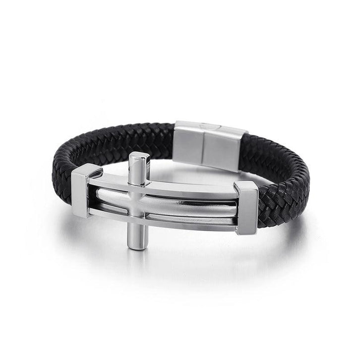 Kalen 12mm Leather Stainless Steel Cross Charm Bracelet For Men - kalen