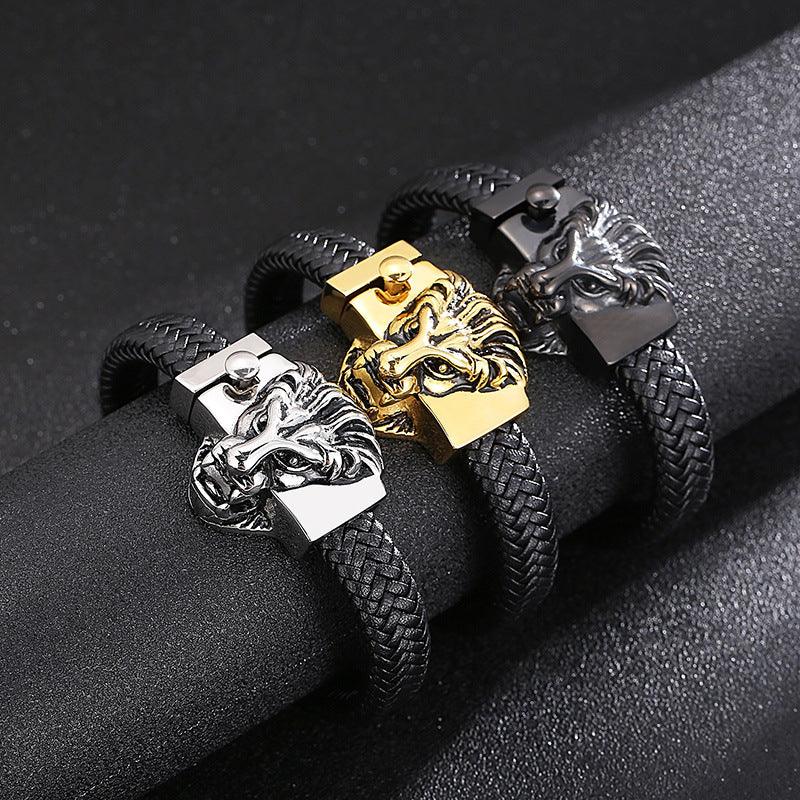 Kalen 12mm Leather Stainless Steel Lion Animal Charm Bracelet For Men - kalen