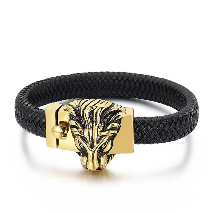 Kalen 12mm Leather Stainless Steel Lion Animal Charm Bracelet For Men - kalen