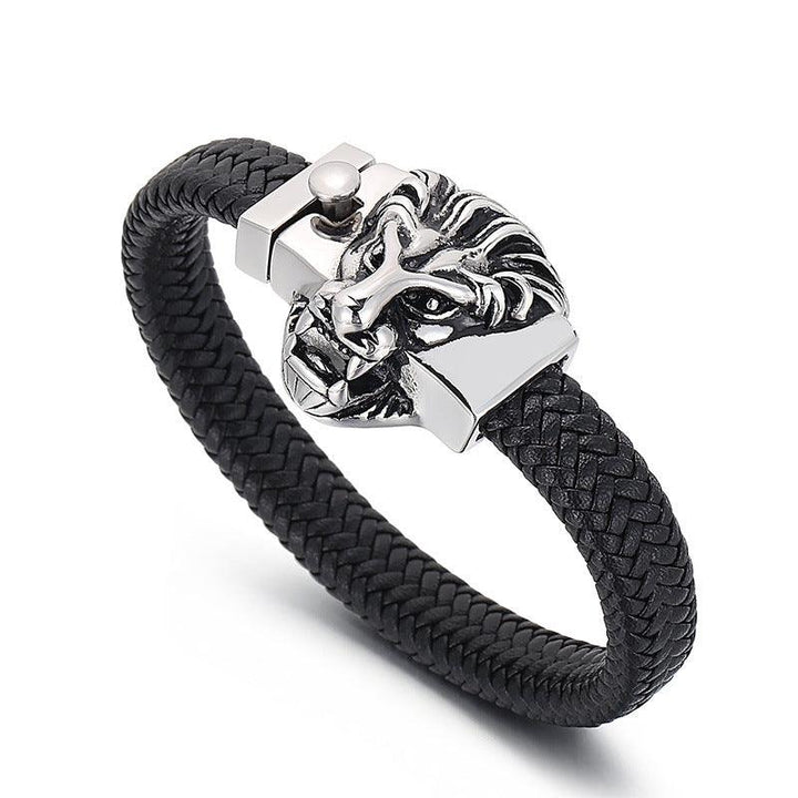 Kalen 12mm Leather Stainless Steel Lion Animal Charm Bracelet For Men - kalen