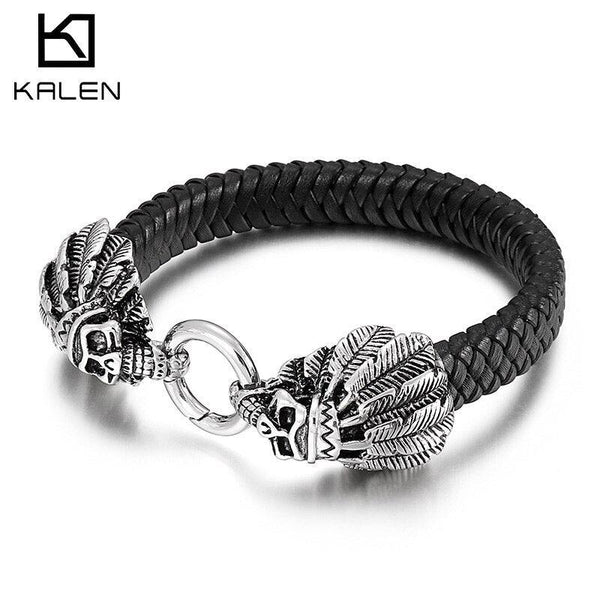 Kalen12mm Leather Braided Bracelet Skull Patriarch Stainless Steel Symbol Bracelets.
