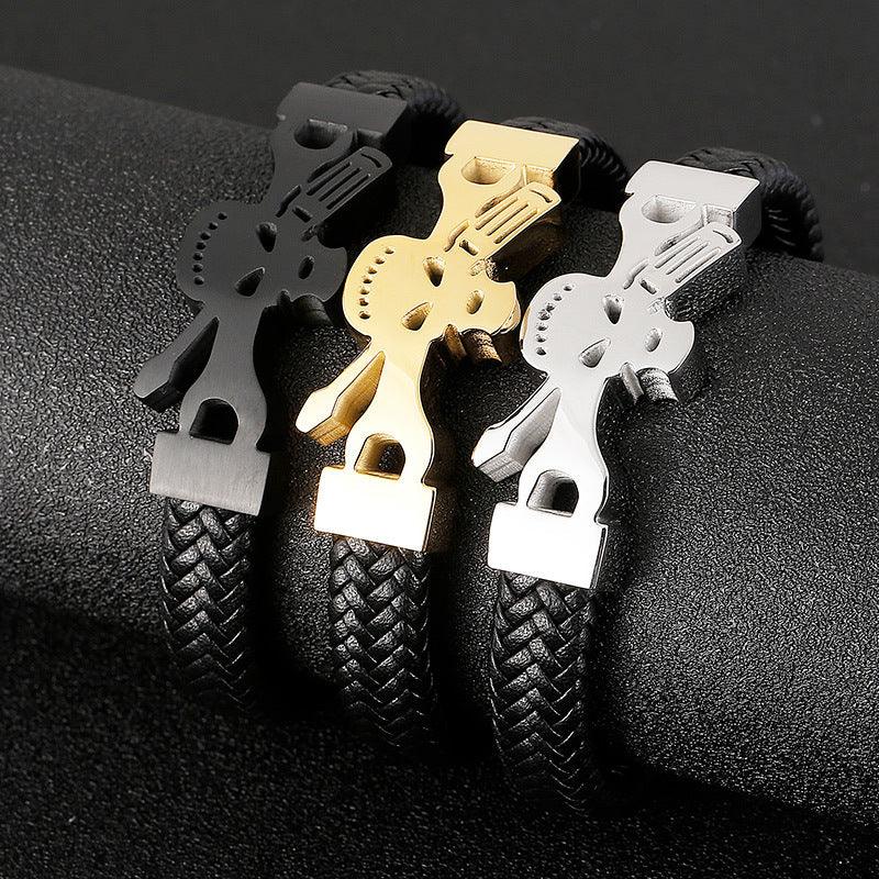 Kalen 12mm Leather Stainless Steel Skull Charm Bracelet For Men - kalen