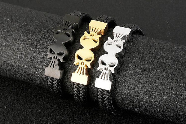 Kalen 12mm Leather Stainless Steel Skull Charm Bracelet For Men - kalen