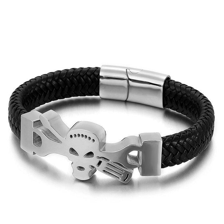 Kalen 12mm Leather Stainless Steel Skull Charm Bracelet For Men - kalen