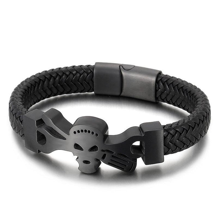 Kalen 12mm Leather Stainless Steel Skull Charm Bracelet For Men - kalen