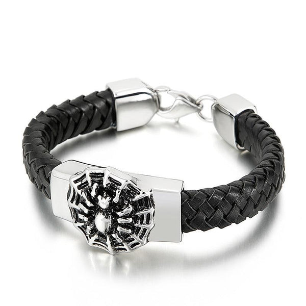 Kalen 12mm Leather Stainless Steel Spider Charm Bracelet For Men - kalen