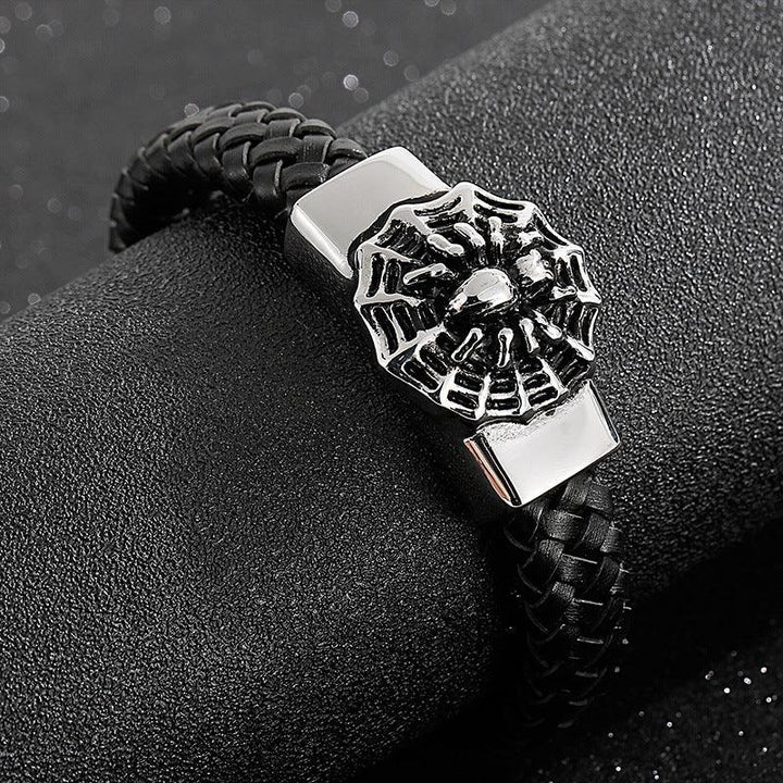 Kalen 12mm Leather Stainless Steel Spider Charm Bracelet For Men - kalen