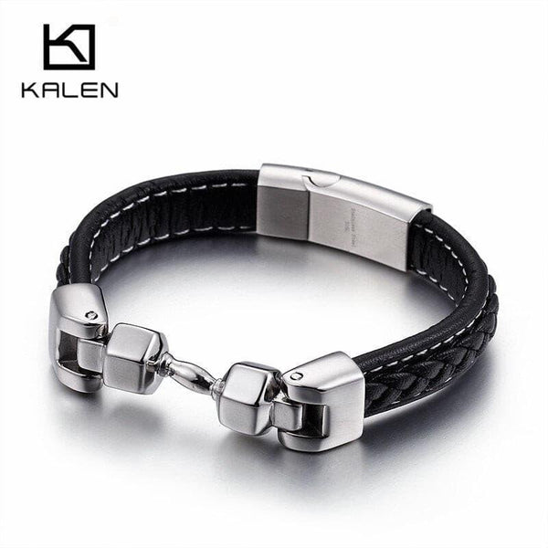 KALEN Vintage Black Leather Bracelets For Men Stainless Steel Dumbbell Charm Wrap Bracelet Cheap Homme Retro Jewelry 2018.