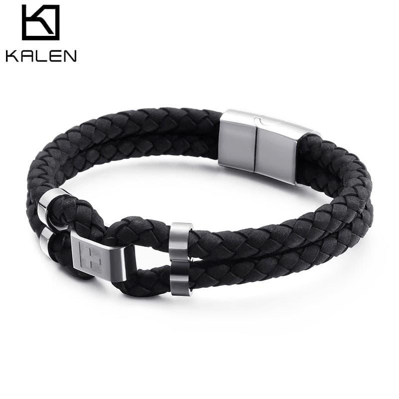 KALEN Vintage Double Layer Leather Bracelet Men 21cm Stainless Steel Chinese Letter "Tolerance" Charm Bracelet.