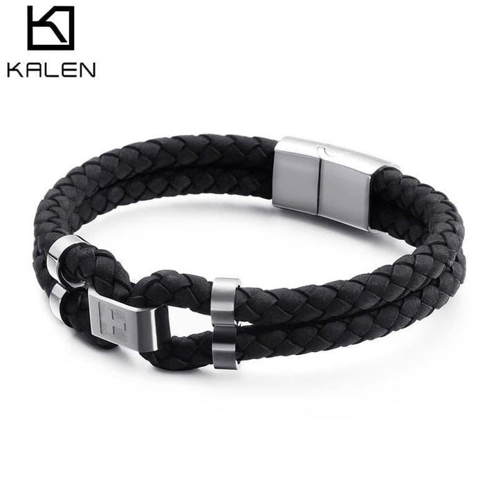 KALEN Vintage Double Layer Leather Bracelet Men 21cm Stainless Steel Chinese Letter &quot;Tolerance&quot; Charm Bracelet.