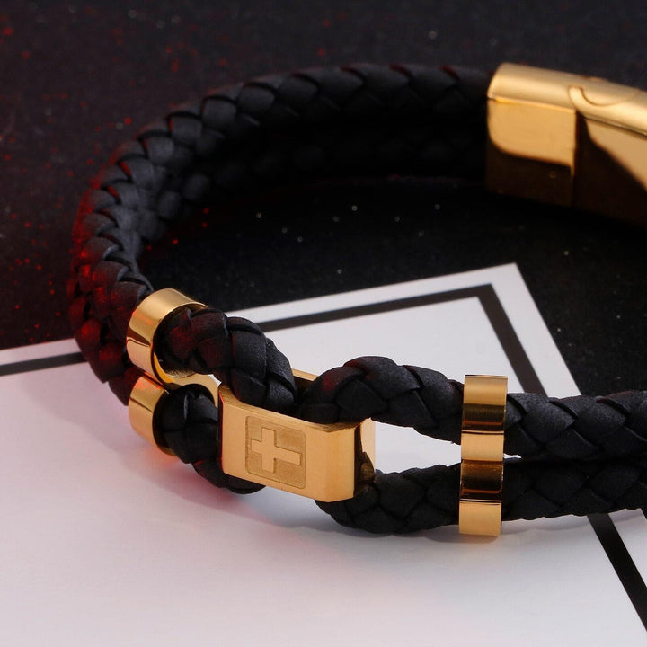 KALEN Vintage Double Layer Leather Bracelet Men 21cm Stainless Steel Chinese Letter &quot;Tolerance&quot; Charm Bracelet.