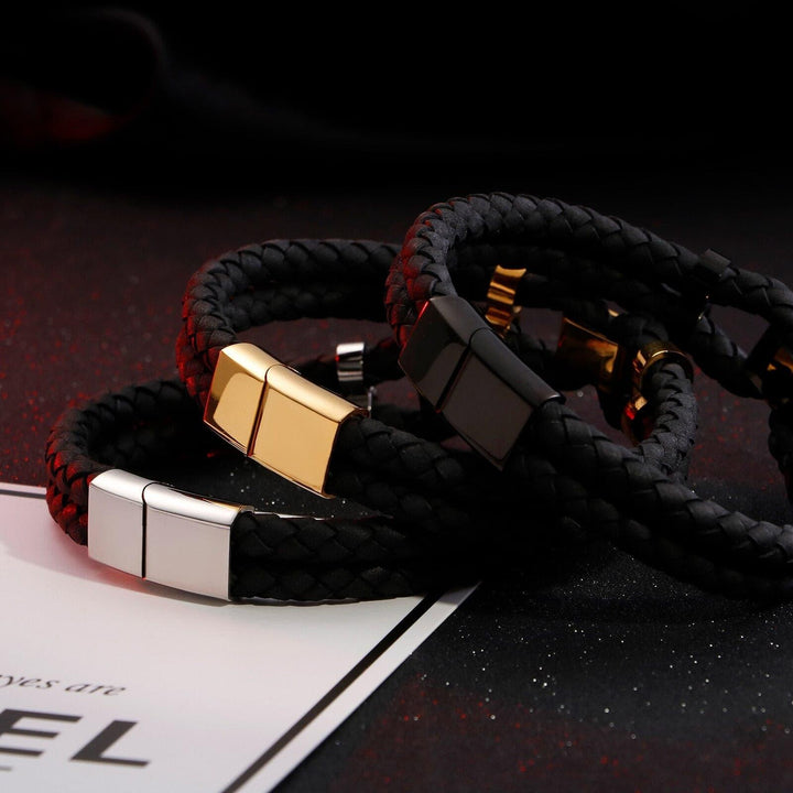 KALEN Vintage Double Layer Leather Bracelet Men 21cm Stainless Steel Chinese Letter &quot;Tolerance&quot; Charm Bracelet.