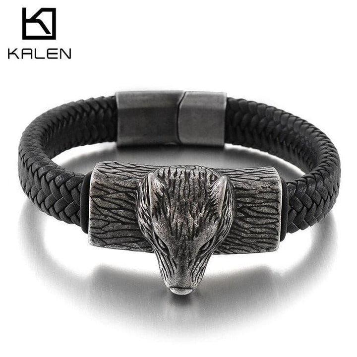 Kalen 12mm Wide Viking Leather Men's Bracelet Wolf Stainless Steel Accessories Link.