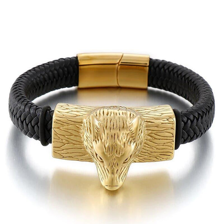 Kalen 12mm Wide Viking Leather Men's Bracelet Wolf Stainless Steel Accessories Link.