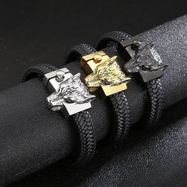 Kalen Nordic Viking Wolf Head Leather Bracelets Polished Stainless Steel Bracelet For Men's Jewelry.