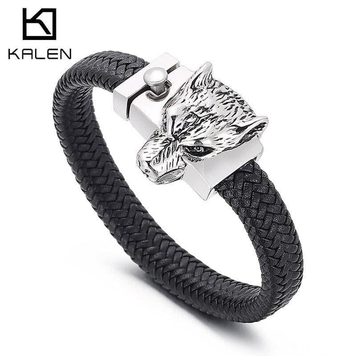 Kalen Nordic Viking Wolf Head Leather Bracelets Polished Stainless Steel Bracelet For Men's Jewelry.