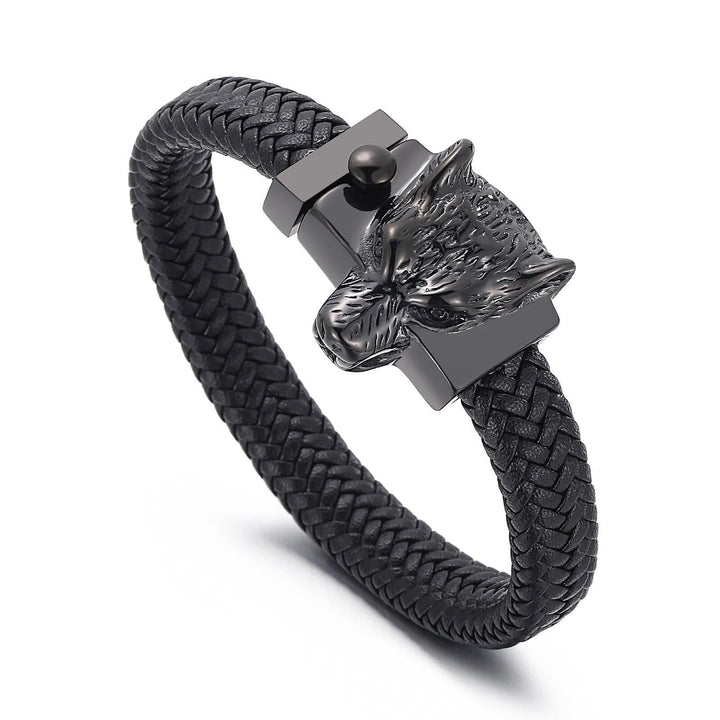 Kalen Nordic Viking Wolf Head Leather Bracelets Polished Stainless Steel Bracelet For Men's Jewelry.