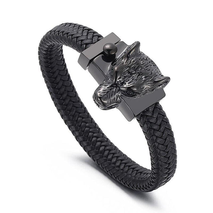 Kalen Nordic Viking Wolf Head Leather Bracelets Polished Stainless Steel Bracelet For Men's Jewelry.