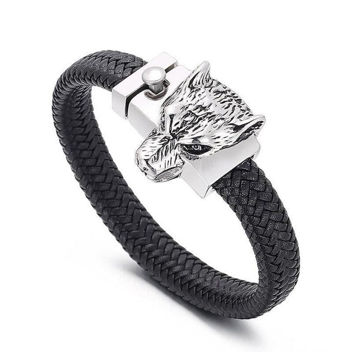 Kalen Nordic Viking Wolf Head Leather Bracelets Polished Stainless Steel Bracelet For Men's Jewelry.