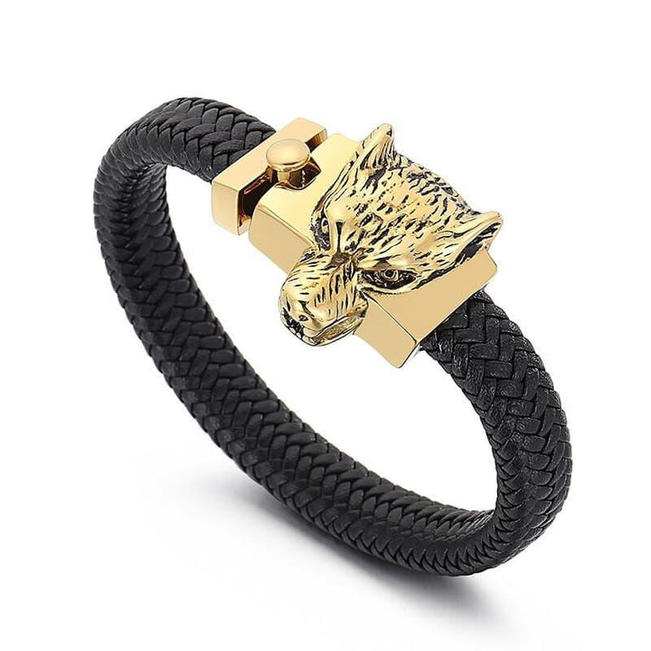 Kalen Nordic Viking Wolf Head Leather Bracelets Polished Stainless Steel Bracelet For Men's Jewelry.