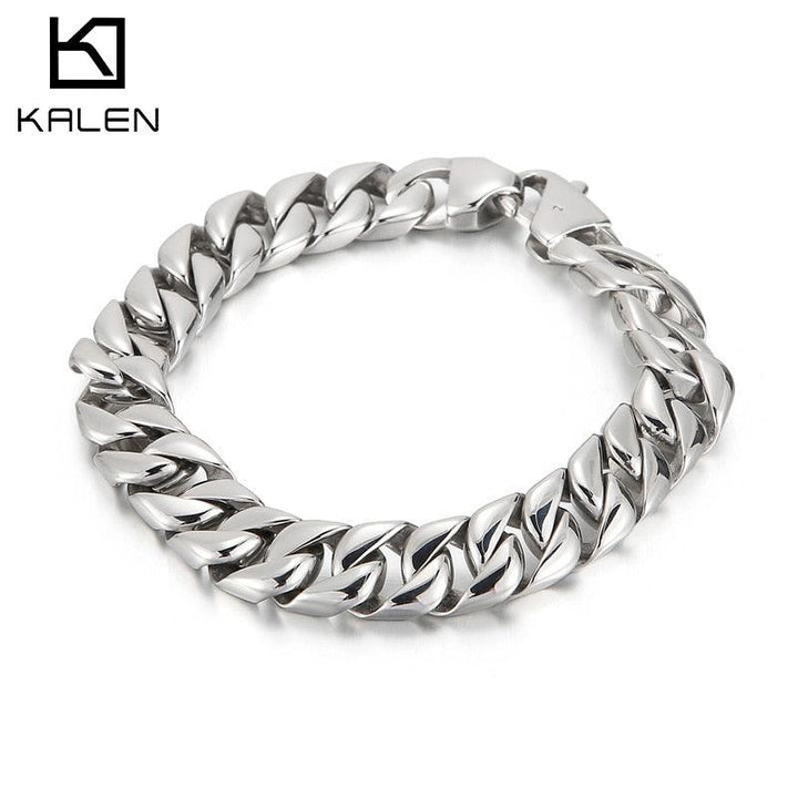 Kalen 12mm Width Trendy Shiny 316L Stainless Steel Bracelet Curb Cuban Chain Bracelets For Men.