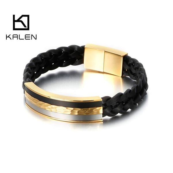 KALEN 21.5cm Black Genuine Leather Bracelet Men Stainless Steel Hip Hop Biker Bracelet Jewelry.